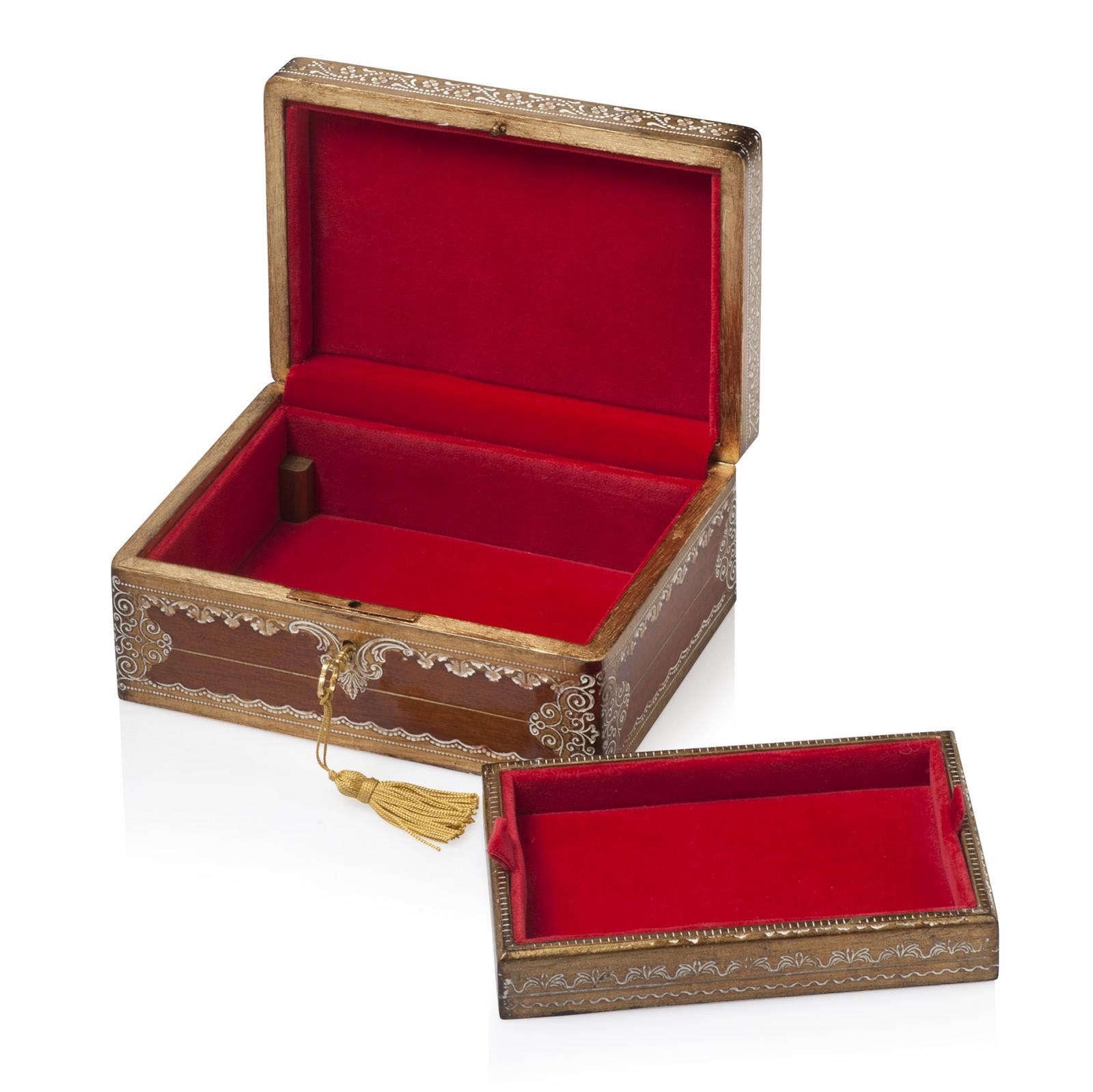 Jewellery box red and gold pattern velvet lined